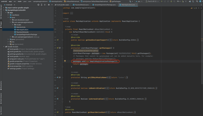 Screenshot of Android Studio showing how to expose a package