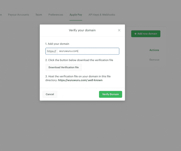 Image of the domain verification modal showing a domain name being registered